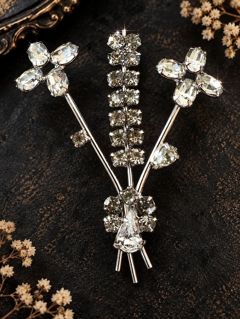 Flower Bouquet Vintage LG LIND-GAL Sterling Signed Circa 1952 Rhinestone Brooch
